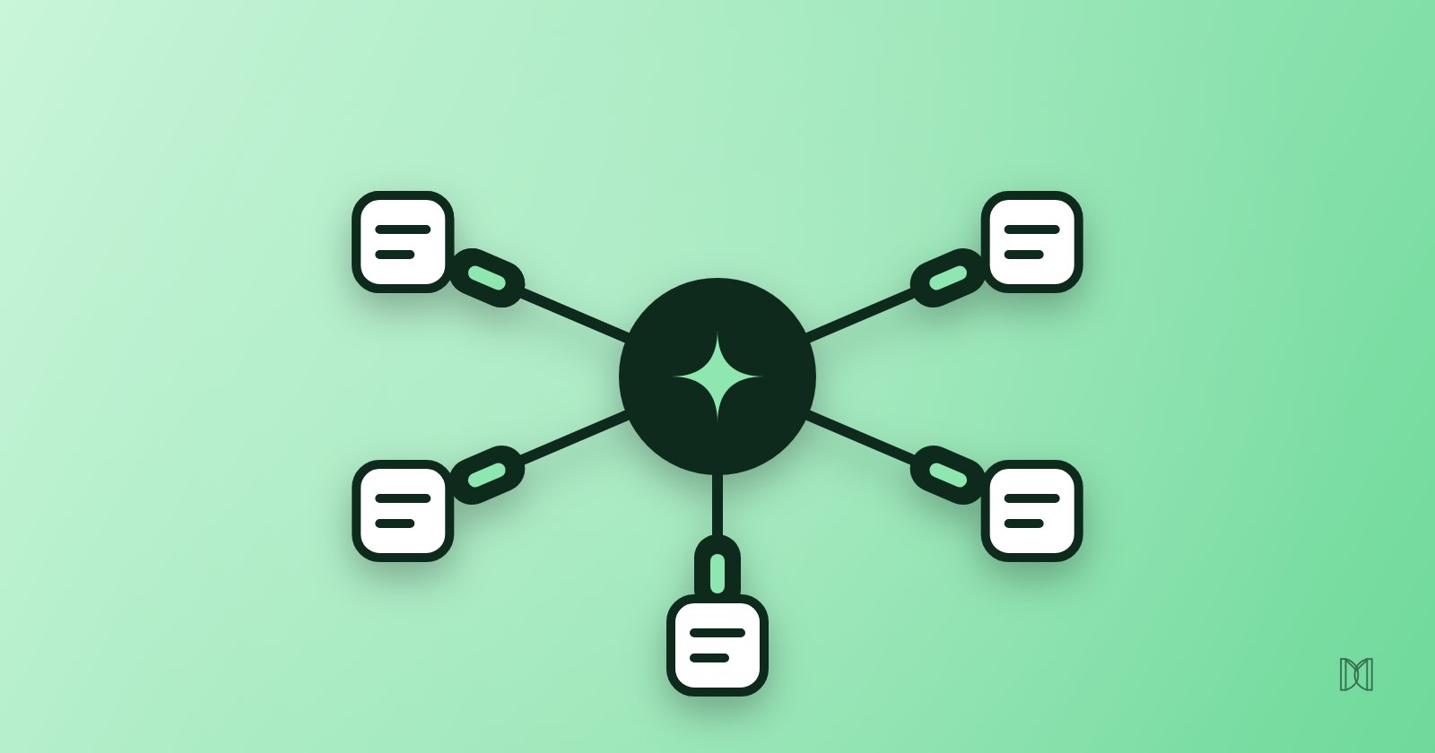 An AI hub on a mint background connected to five systems, each through an identical plug