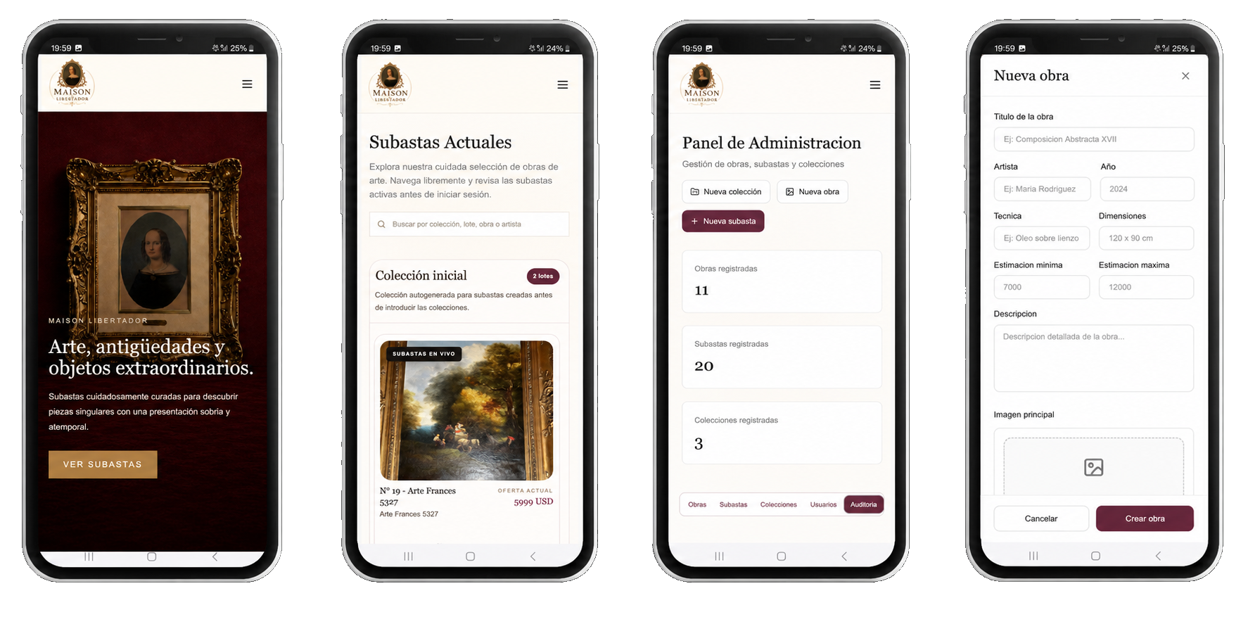 Mobile screens of the Maison Libertador platform: home, auction listing, admin panel, and artwork registration